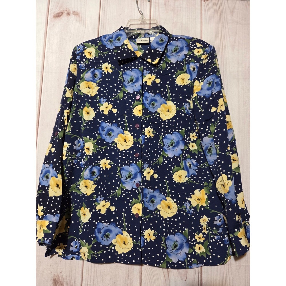 Liz Baker 12P‎ Navy Blue Polka Dot Floral Button Down Blouse Adjustable Sleeve